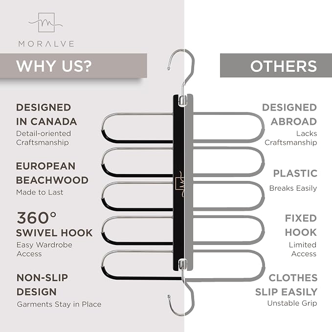 MORALVE Pants Hangers Space Saving - 4 Pack European Beechwood Scarf and Jean Hangers - Closet Organizer and Space Saver Pant Rack, Leggings Hanger, and Scarf Holder with 360° Swivel Hook