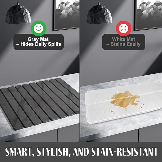 2 PCS Large Stone Dish Drying Mat for Kitchen Counter, 24"×16" Marble-Pattern Dish Drying Mat with 8"x 4" Coasters, Non - Slip Collapsible Absorbent Mat for Multi - Purpose, Match Any Countertop【Gray】