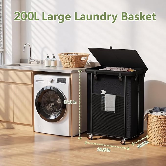 220L Laundry Hamper with Lid & Wheels, Rolling Laundry Basket with Bag | Sturdy Metal Frame | Laundry Bag with Handles| Large & Tall Clothes Hampers for Laundry Room, Bedroom, Dorm, Bathroom-Black