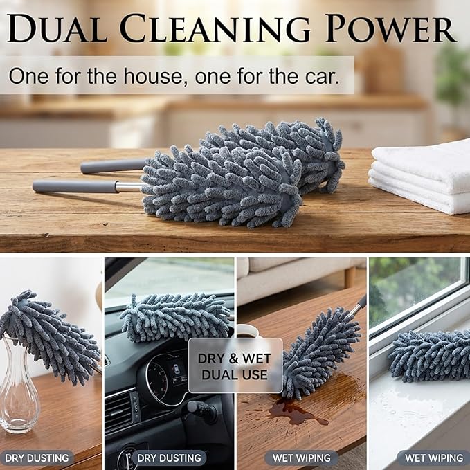 2 Pack Microfiber Duster for Cleaning, Washable Dusters, Extendable Pole, Up to 30 Inch Reachable, Wet and Dry Use Cleaning Tools for Car, Ceiling Fan, Window, Furniture, Office