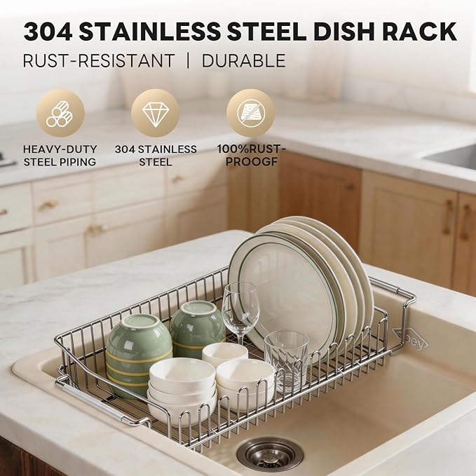 Dish Drying Rack in Sink, Extendable 304 Stainless Steel Dish Drainer for Kitchen Counter, Over The Sink with Utensil Holder, Corrosion Resistant Space Saving Drainage Basket