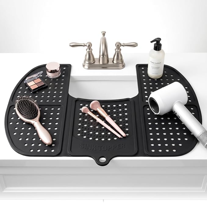 Sink Topper Bathroom Counter Cover & Storage Saver, Foldable Silicone Mat for Hot Tools, Hair Styling & Makeup, Beauty Brush Cleaning Mat, RV Camper Sink Cover & for Small Spaces (Large Black)
