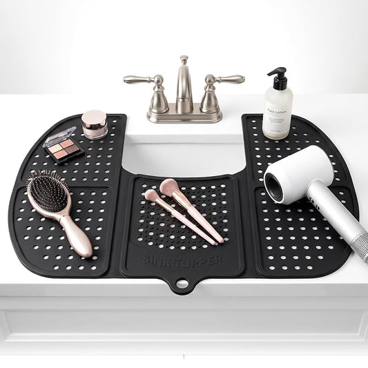 Sink Topper Bathroom Counter Cover & Storage Saver, Foldable Silicone Mat for Hot Tools, Hair Styling & Makeup, Beauty Brush Cleaning Mat, RV Camper Sink Cover & for Small Spaces (Large Black)