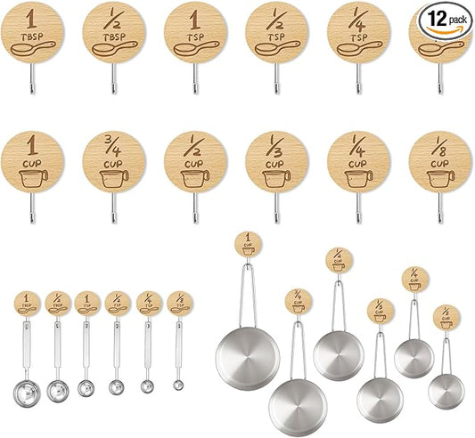 Measuring Cup and Spoon Organizer, 12 Pack Adhesive Wood Hooks for Hanging, Kitchen Hooks for Space Saving Storage