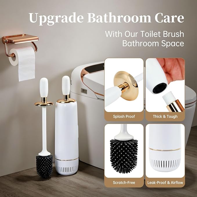 Toilet Bowl Brush and Holder Set, Plunger and Brush Set with Long Handle, High-End Modern Silicone Toilet Brush Set, Non-Scratch Hygienic, Odor-Free Design (Matte White + Gold, B)