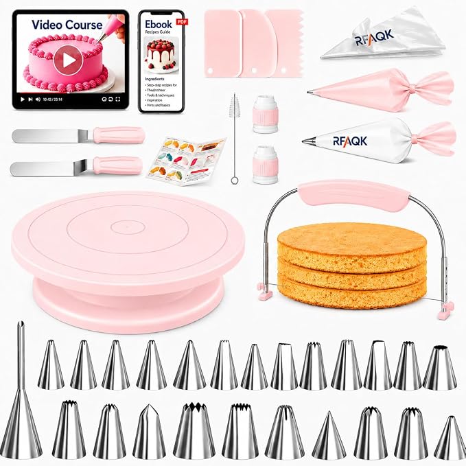 RFAQK 90PCs Cake Decorating Kit with Leveler, Baking Supplies Gift Includes Cake Stand Turntable, 24 Numbered Icing Tips, 55+1 Piping Bags, 2 Frosting Spatulas, 3 Scrappers, Video Course & Booklet