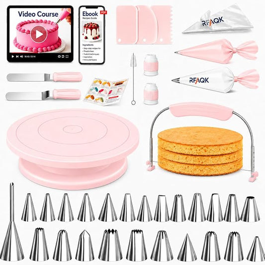 RFAQK 90PCs Cake Decorating Kit with Leveler, Baking Supplies Gift Includes Cake Stand Turntable, 24 Numbered Icing Tips, 55+1 Piping Bags, 2 Frosting Spatulas, 3 Scrappers, Video Course & Booklet