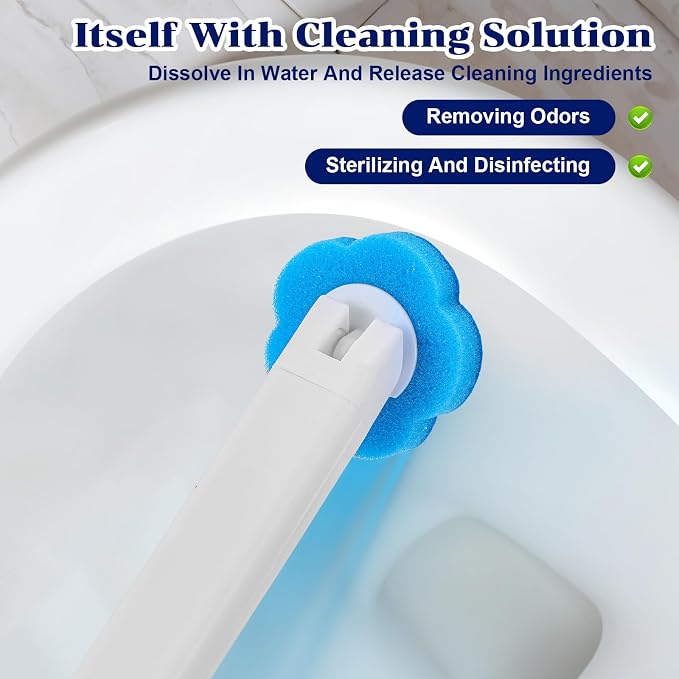 2 Pack Disposable Toilet Brush and Holder Set, Extended Handle Toilet Bowl Cleaner Wand with 48 Refills Replacement Heads Pads Bathroom Maintenance Bathtub Stick Cleaning System Starter Kit