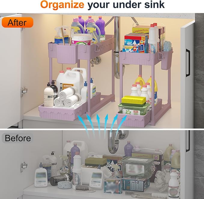Sevenblue Under Sink Organizer, Bathroom Organizers and Storage, 2 Tier Multi-Use Pull Out Cabinet Organizer with Hang Hooks and Cups (Pink, 14.8 Inch)