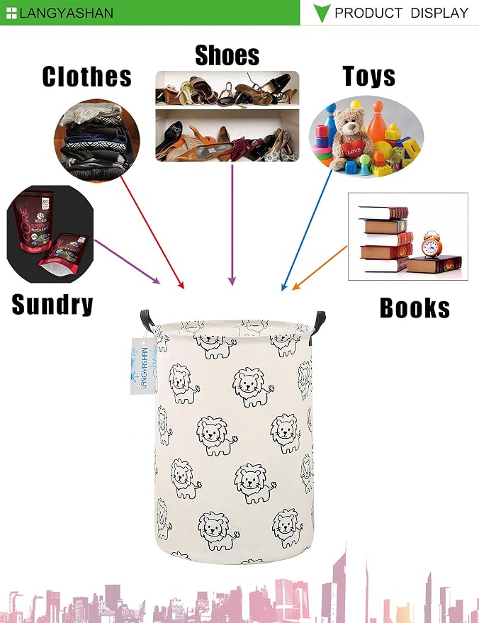 Round Laundry Basket Collapsible Storage Hamper Organizer Lion | Waterproof Canvas Foldable Baskets with sturdy Handles Multi-scene Organizer for Home Play Bedroom Gift Bin