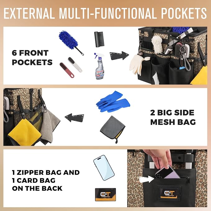 SCAVATA Rolling Cleaning Caddy Bag with Detachable Trolley, Large Cleaning Supplies Organizer with Wheels, Multi-Pocket Cleaning Cart with Adjustable Shoulder Strap for Housekeepers (Leopard)