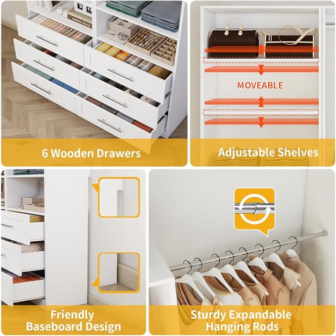 Closet System with 12 Drawers, 96" Wooden Closet Organizer System | 8–21FT Walk-in Storage Modular Closet Systems with 10 Shelves, 6 Expandable Hanging Rods, 4 Sets, Engineered Wood.