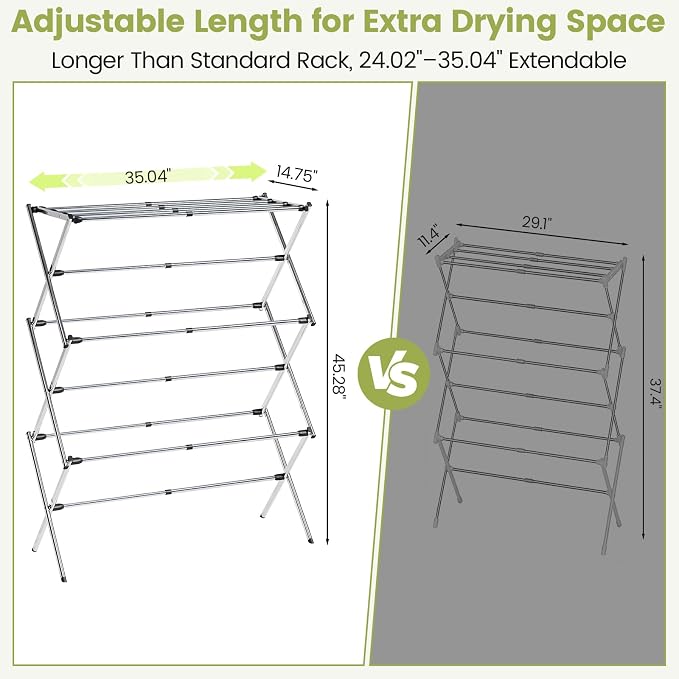 Stainless Steel Clothes Drying Rack, 45.28" H × 14.57" D | Foldable & Extendable, Adjustable Size (24.76"-35.51"L), Space-Saving, Rust-Resistant Frame, Indoor/Outdoor Use, Silver
