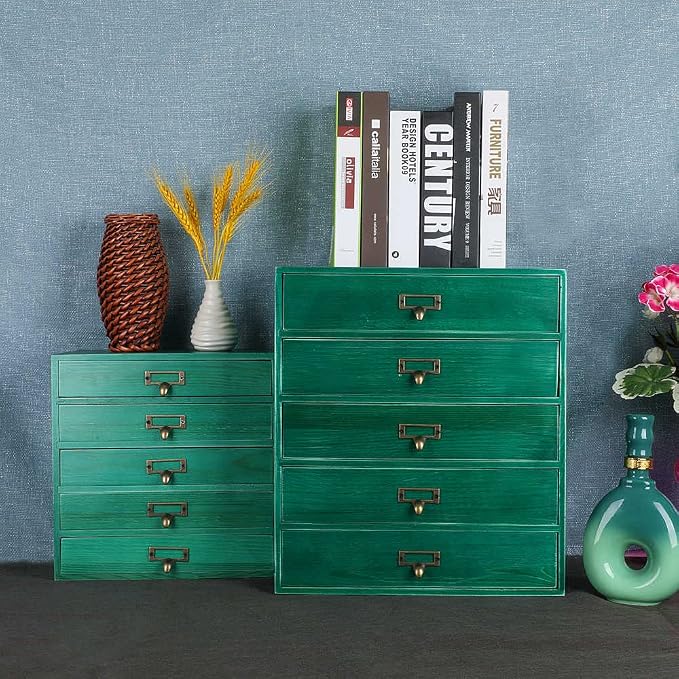 GoooodGIFT Wooden Drawers Small Wooden Box with Drawer, Green | 5 Drawer Wood Storage Box , Vintage Desktop Organizer with Drawers, Desk Organizers for Library Card Catalog Cabinet