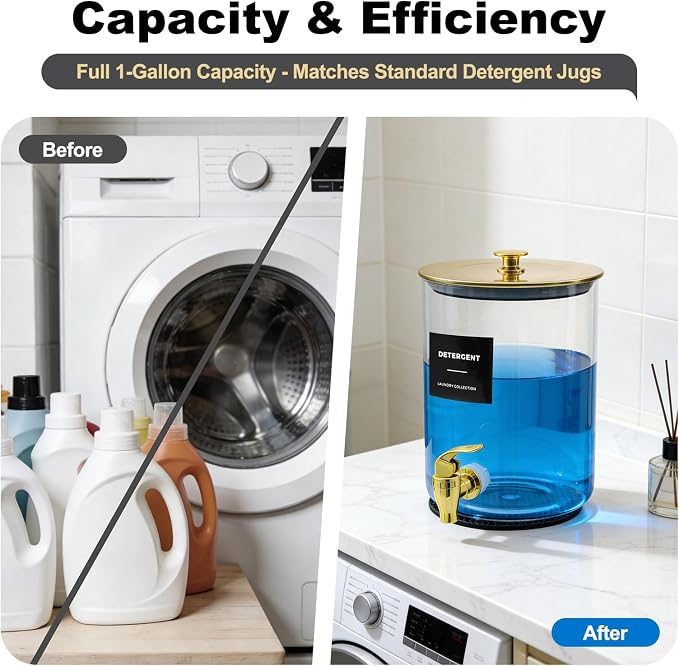 Glass Laundry Detergent Dispenser for Laundry Room Organization-Gold | 1 Gallon Large Liquid Soap Dispenser with Black Metal Lid & Leak-Proof Spigot, 1 Measured Cups, 1 Silicone Mats & 9 Labels