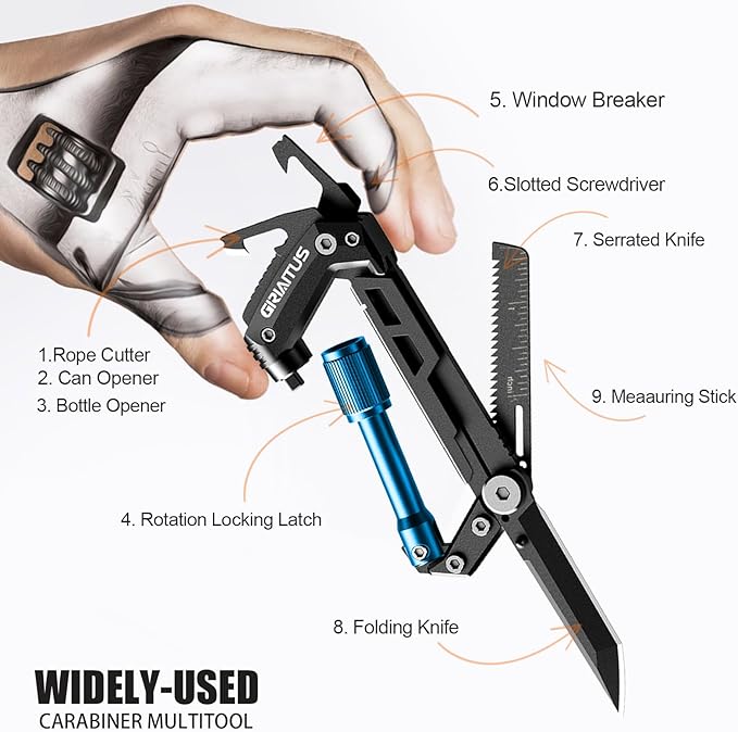 Carabiner Multitool with Pocket Knives, EDC Carabiners, for Camping (Blue) | Stocking Stuffers Gifts for Men, Serrated Knife, Rope Cutter, Screwdriver, Can Bottle Opener, Ruler, Folding Knife, Hiking