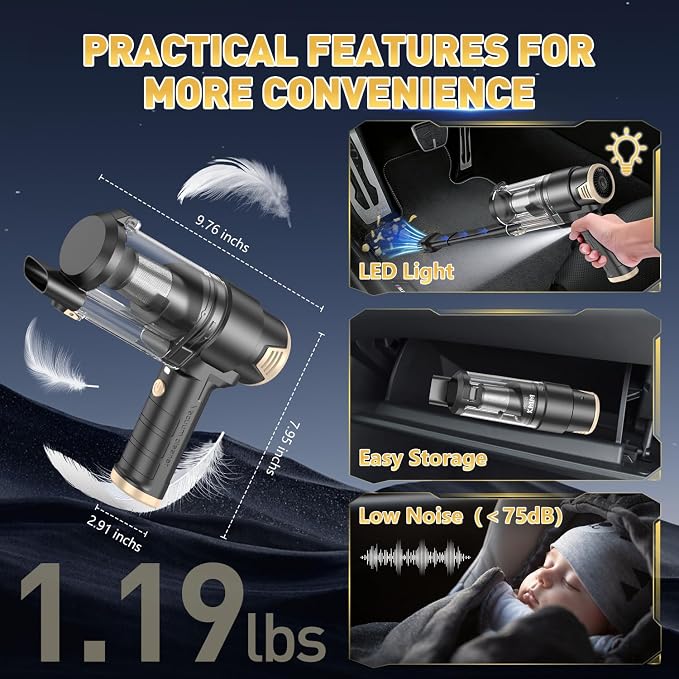 KMM Handheld Car Vacuum Cleaner, 16000PA Hand Held Vacuum & Air Duster | Strong Suction, 120W High Power, Portable, Cordless, Rechargeable, Multi-Nozzles & LED Liht, for Home, Car, Office, Pet