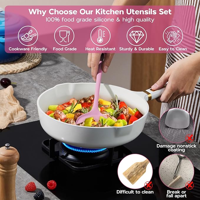 Onader Silicone Cooking Utensils Set, 10 Pieces Kitchen Utensils Set, Pink Kitchen Gadgets Tools Kit for Nonstick Cookware