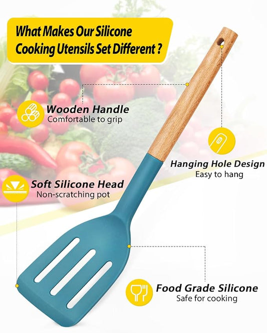 Pack of 4 Silicone Cooking Utensils Set, Non Stick Solid Spatulas and Heat Resistant Slotted Spoons with Wooden Handle, Ideal Wood Kitchen Utensils Set for Frying,Serving,Turning,Stirring (BLUE)