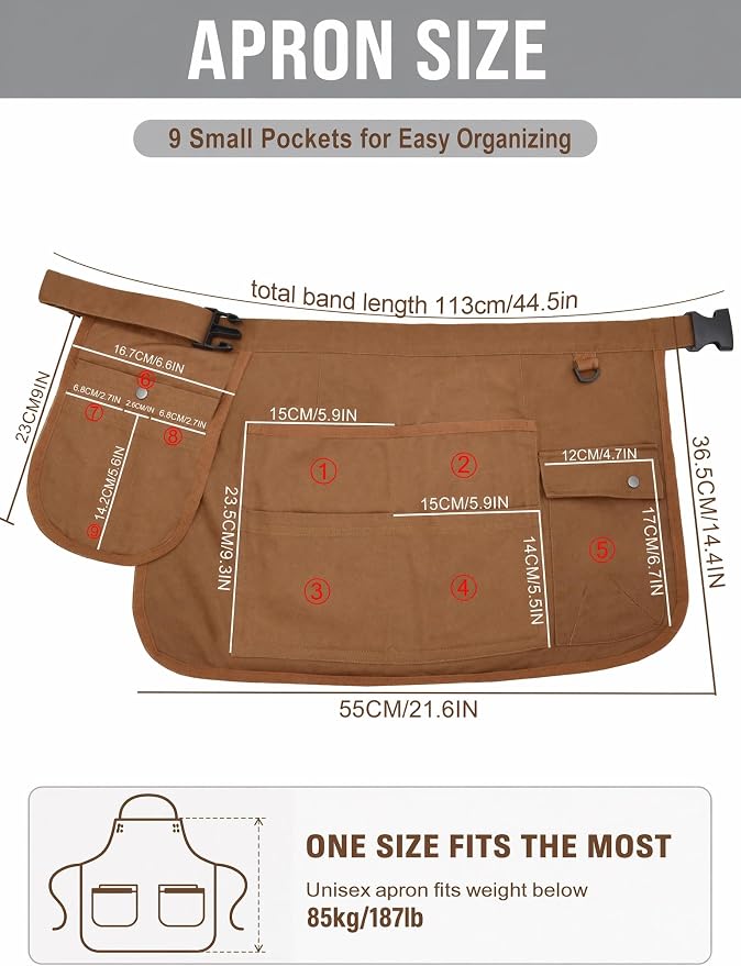 Molaxhome Waist Tool Apron with Multi-Pocket Adjustable Belt for Gardening | Adjustable Long Belt,Waitress Server Aprons,Tool Belt,Hairdressers,Work Apron