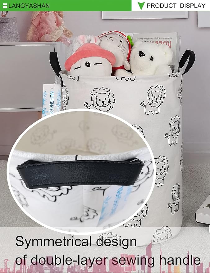 Round Laundry Basket Collapsible Storage Hamper Organizer Lion | Waterproof Canvas Foldable Baskets with sturdy Handles Multi-scene Organizer for Home Play Bedroom Gift Bin