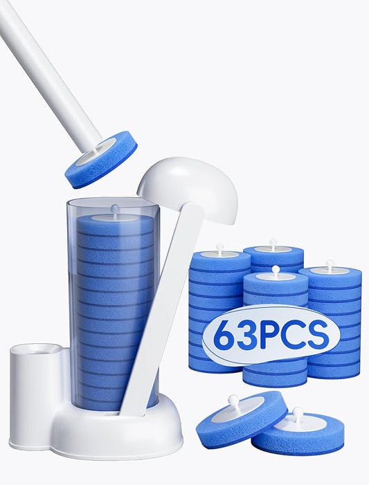 Disposable Toilet Brush System, Toilet Bowl Cleaning Wand with Lift-to-Open Refill Case, Blue Refill Heads and Freestanding Holder, 1 Wand and Holder Set with 63 Blue Refills