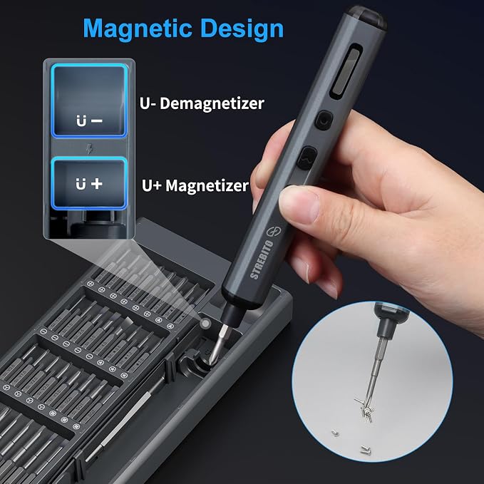 STREBITO Mini Electric Screwdriver, 70 in 1 Small electric screwdriver Set | 5 Upgraded Torque & Indicator, 64 S2 Preicison Bits, 4 LED Lights, Mini Power Screwdriver Repair Tool Kit for PC Electronic