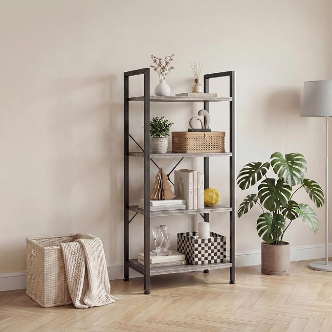 DUMOS 4 Tiers Open Bookshelf, Classic Freestanding Tall Display Shelf | Multifunctional Storage Organizer Rack for Living Room Home Office, Sturdy Bookcase for Books/Movies, Wood Grey