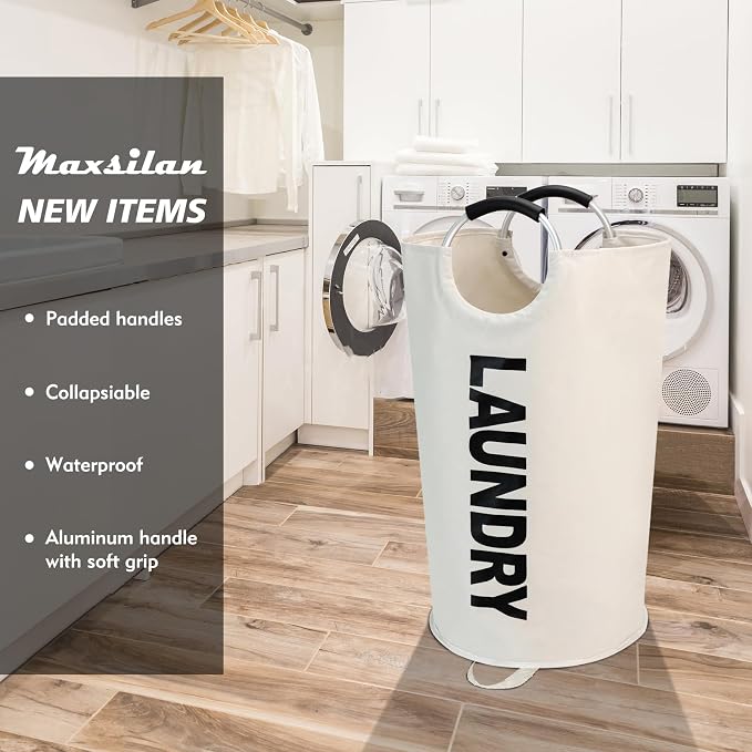 Maxsilan 125L X-Large Laundry Basket Bag, Collapsible Tall Hamper, Beige | Freestanding tall laundry bag & foldable washing basket. Extra large clothes storage bin with durable sturdy handles
