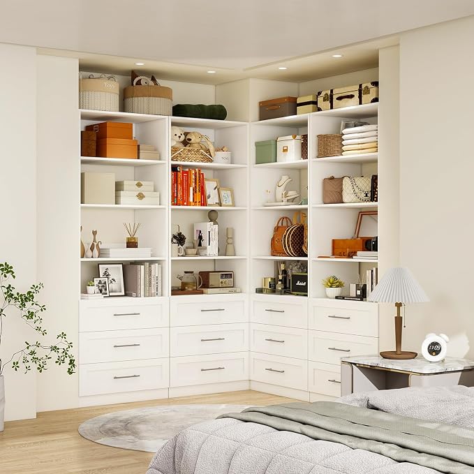 Closet System with 9 Drawers & 12 Shelves, Wood Closet Organizer System with 3 Extra Hanging Rod for Walk in Closet, Modular Closet Organizer System White(6FT)