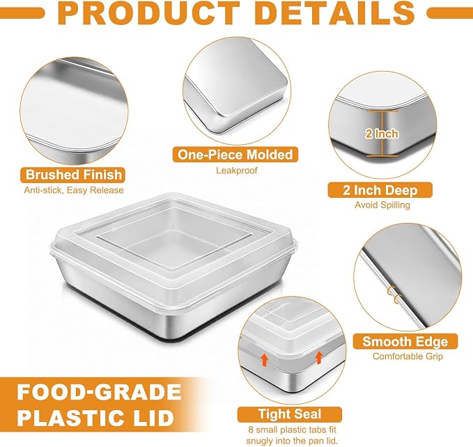 Stainless Steel Baking Pan with Lid, 8 x 8 x 2 Inch Deep Square Cake Pan with Cover, Non-toxic&Healthy Bakeware Set of 2, Easy Clean, Dishwasher & Oven Safe, for Cakes, Brownies(2Pans+2Lids)