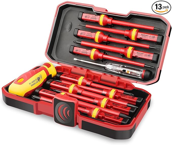 HURRICANE 1000V Insulated Electrician Screwdriver Set, 13 Piece Professional Electrical Screwdriver Set, CR-V Steel Magnetic Phillips Slotted Pozidriv Torx, Insulation VDE & GS Certified Screwdriver