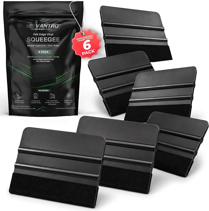 Professional Value 6 Pack PP Black Felt Edge Vinyl Squeegee Tool 4 Inch Plastic Scratch Free Car Wrap Scraper Decal Applicator for Window Tint Film Wallpaper Smoothing Tool