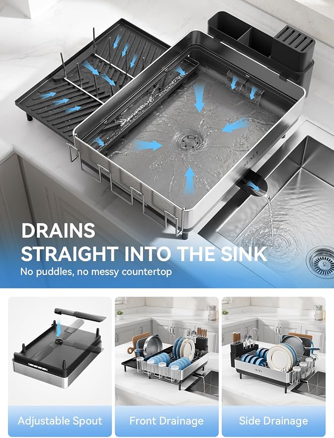 SUNLY Large Dish Drying Rack, Expandable Dish Rack for Kitchen Counter, 304 Stainless Steel Space Saving Dish Drainer with Multifunctional Flip Up Pegs