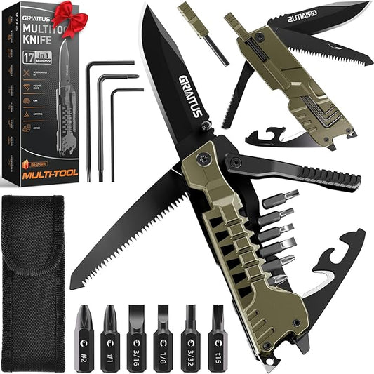 Multitool Knife 17 in 1 Pocket Knife with Fire Starter Sticks for Camping | Bottle Opener, Saw, Whistle, Nylon Sheath, EDC Gear for Survival, Camping, Hiking, Outdoor, Gifts for Men - Desert Gray