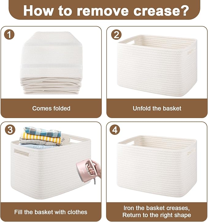 OIASKET Storage Baskets for Organizing, Woven Decorative Baskets for Shelves - Books, Towels, and Clothes, Cotton Rope Toy Storage Bins, 12.7''Lx9''Wx7.8''H, Pack of 4, White