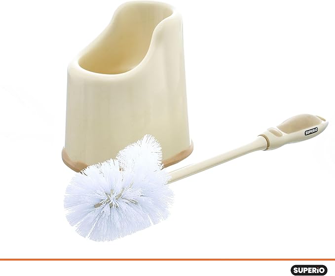 Superio Toilet Bowl Brush and Holder with Under Rim Cleaner for Bathroom, Toilet Brush and Caddy with Non Scratch Bristles and Under Rim Lip Brush, Beige (2 Pack)