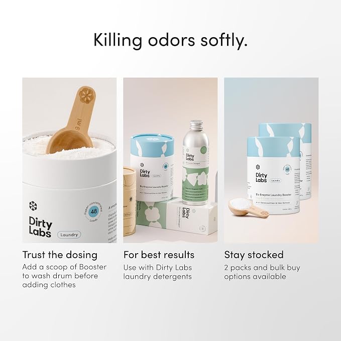 Dirty Labs | Scent Free | Bio Enzyme Laundry Booster | 2-Pack = 96 Loads | Hyper Concentrated | High Efficiency & Standard Machine Washer | Nontoxic, Biodegradable | Stain & Odor Removal Booster