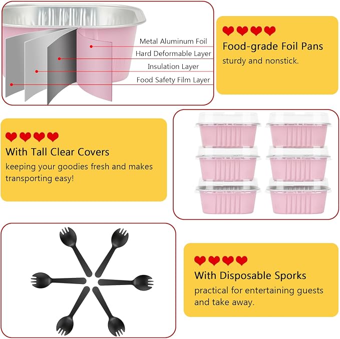 LNYZQUS Mini Cake Pans with Lids and Spoons,10oz Disposable Small Foil Baking Tins,40 Pack Individual Cake Containers for Home Bakers Bake Sales-Pink,4x4 Square
