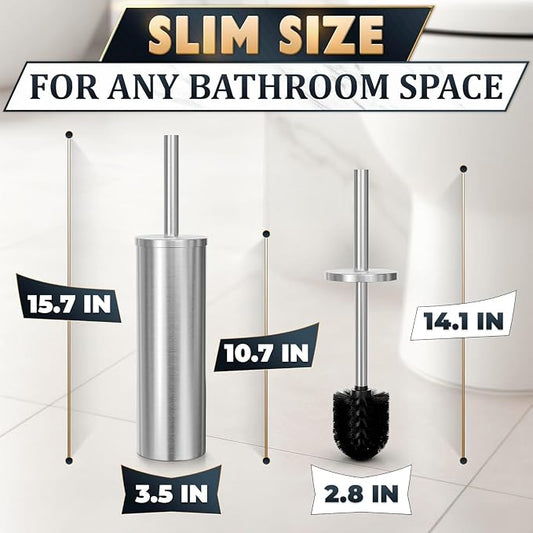 Stylish Stainless Steel Toilet Brush and Holder Set - Silver Toilet Bowl Brush and Holder with Splash Cover, Sturdy Bristles, Corrosion & Scratch Resistant - Elegant Design, Effective Deep Cleaning