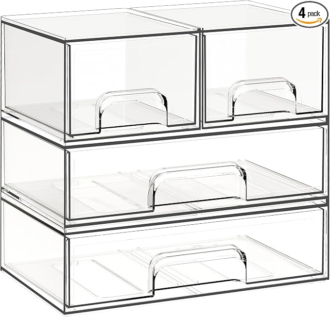 Criusia Stackable Storage Drawers, 4 Pack Clear Plastic Makeup & Bathroom Organizer, Versatile Storage Bins for Vanity, Under Sink, Kitchen Cabinets & Pantry