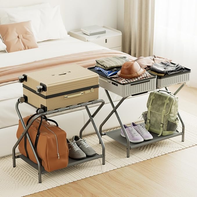 AMHANCIBLE Luggage Rack, Set of 2, Foldable Suitcase Stands for Guest Room | Metal Luggage Holder with Storage Shelf for Bedroom, Hotel, Easy Assemble, Grey
