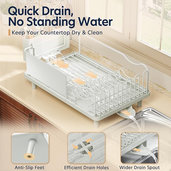 Dish Drying Rack Large Capacity - Stainless Steel Dish Rack for Kitchen Counter with Drain Board, Rustproof Dish Drainer with Auto Drain Spout, Utensil Holder & Glass Holder, Dinnerware Organizer