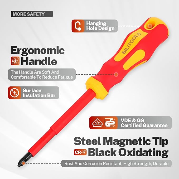 BILITOOLS 9-Piece 1000V Insulated Screwdriver Set with Magnetic Tips | VDE and GS Certified, Magnetic Slotted, Phillips and Pozidriv Tips, Includes Voltage Tester, Iusulated Tools for Electrician