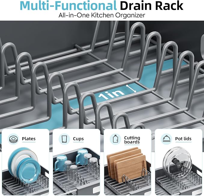 TOOLF Expandable Dish Drying Rack for Kitchen Counter, Gray | Extendable 12.8in to 20.35in,Stainless Steel & PP,One-Minute Quick Assembly,Cutlery Holder,Portable Carry Handle,Space-Saving