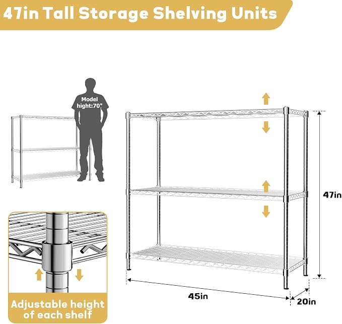 ROOMTEC 3-Tier Wire Shelving Unit,45" W*20" D*47" H,Max Load 1200 lbs | Small Garage Shelves,Adjustable Storage Rack, Metal Shelf for Kitchen, Pantry, Laundry Room, Basement