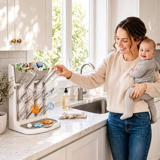 GoMaihe Baby Bottle Drying Rack: Space Saving Vertical Bottle Dryer Holder | The Large Top Compartment Storage Stand Organize Brushes Pacifiers on Countertop - BPA-Free - Gray
