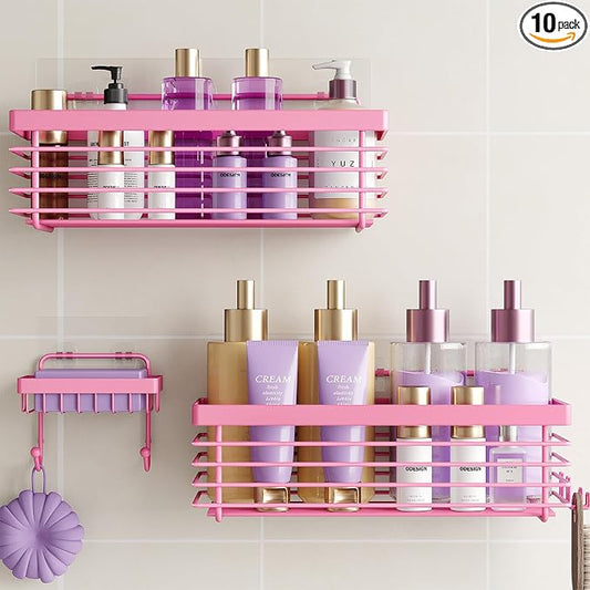 Shower Caddy Adhesive 3 Pack Stainless Steel Storage Organizers-Pink | No drilling wall mounted，rust-resistant,large capacity,quick drainage,easy to clean,suitable for bathrooms and kitchens