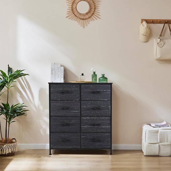OLIXIS Dresser for Bedroom, 8 Storage Drawers, Tall Fabric Tower Organizer | Large Dresser for Closet, Chest of Drawers with Metal Frame Wooden Top for Nursery, Living Room, Black Wood Grain