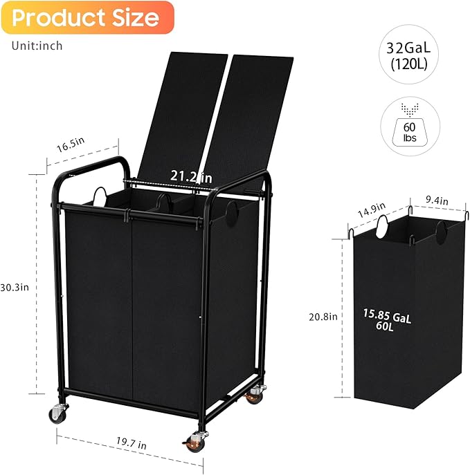 120L Laundry Sorter 2 Section, Rolling Laundry Basket with Wheels ＆ Lid | 31.7 Gal Laundry Hamper, 2 Separated Removable Bags, Lockable Wheels, Dirty Clothes Hamper for Laundry Room, Bedroom, Black